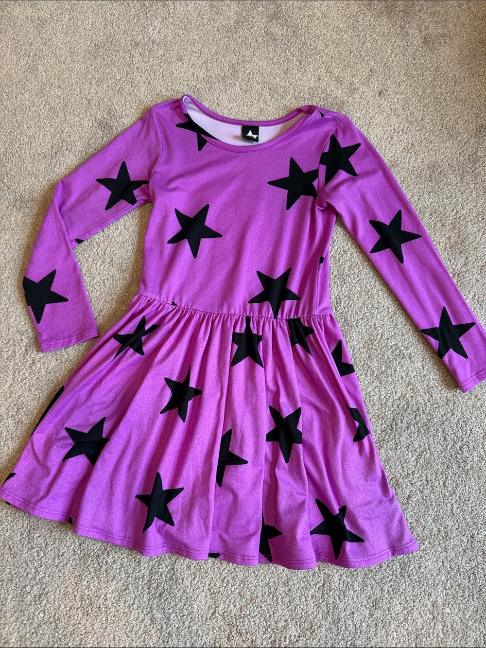 Girls' Purple Star Print Long-Sleeve Twirl Dress